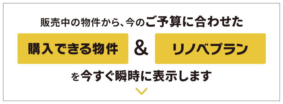 現在販売中の物件の中からあなたの今のご予算に合わせたお支払で購入できる物件とリノベーションプランを今すぐ瞬時に表示します。